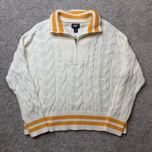 Lands' End Sweaters - Lands' End Sweater Womens Medium White Cable Knit 1/4 Zip Mock Neck Striped Hem